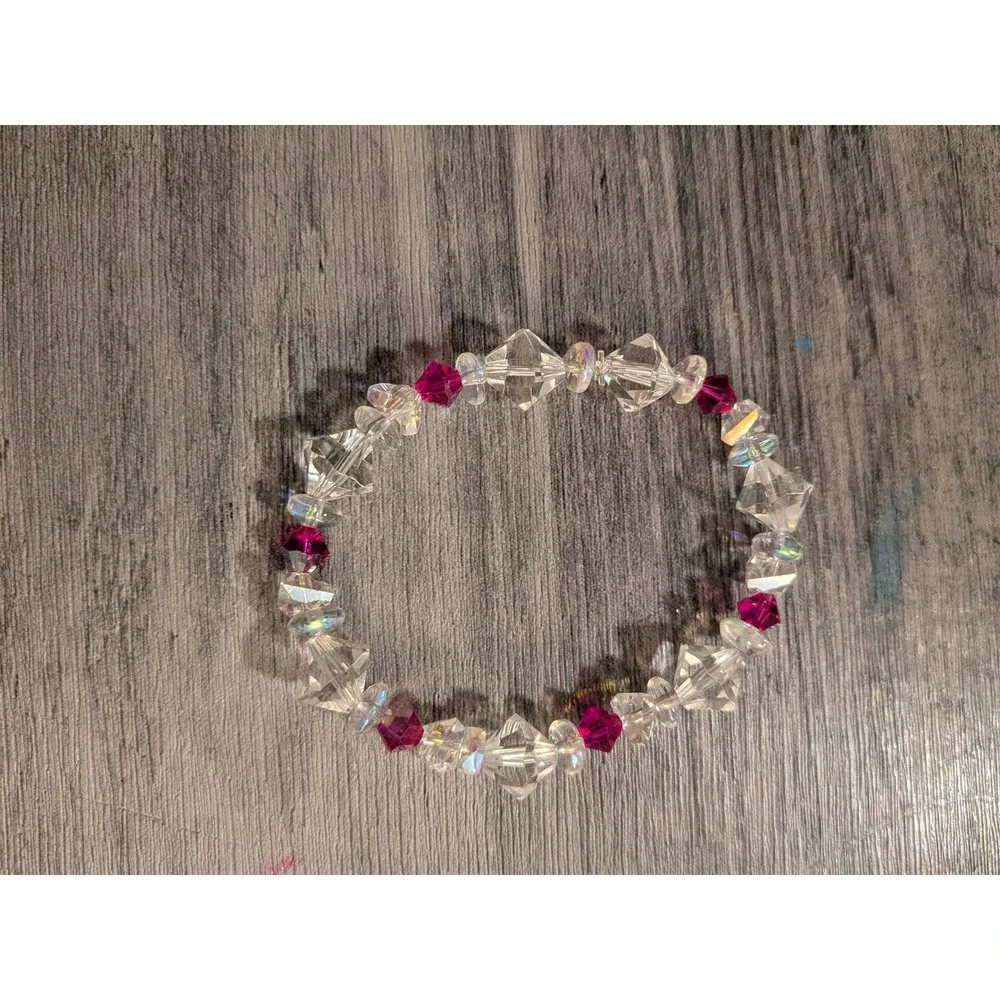 Handmade Magenta Pink and Clear AB Crystal Beaded Stretch Bracelet Faceted Glass